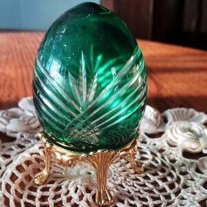 Green Ajka Cut to Clear Hollow Hungarian Crystal Paperweight Egg w/Stand